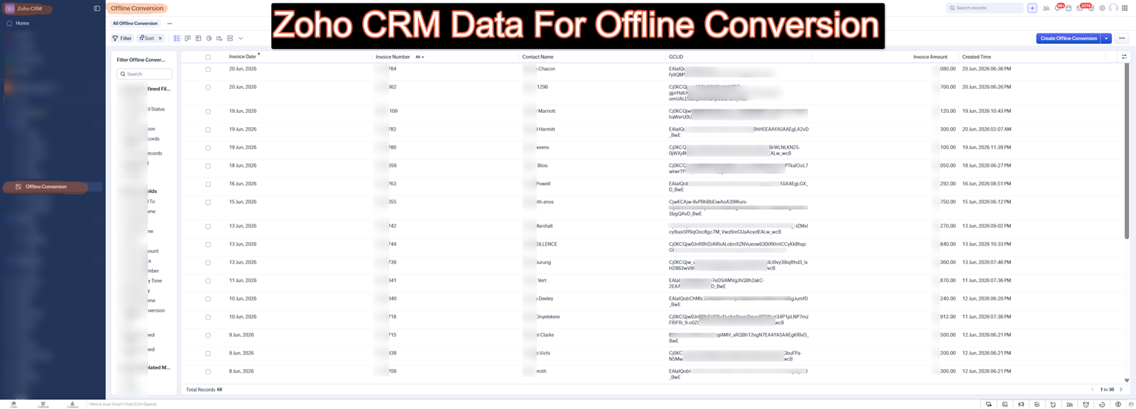 Zoho CRM offline conversion data module