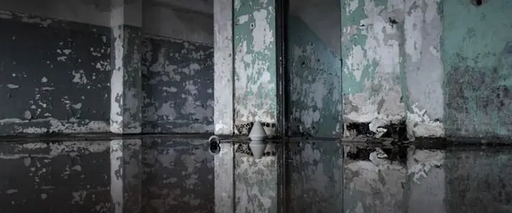 Flooded interior during water damage restoration work