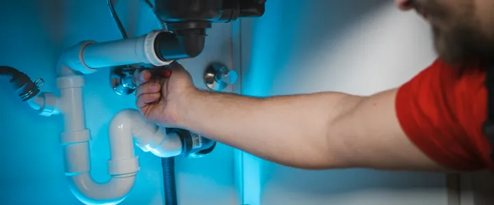 Plumber tightening a drain pipe under a sink